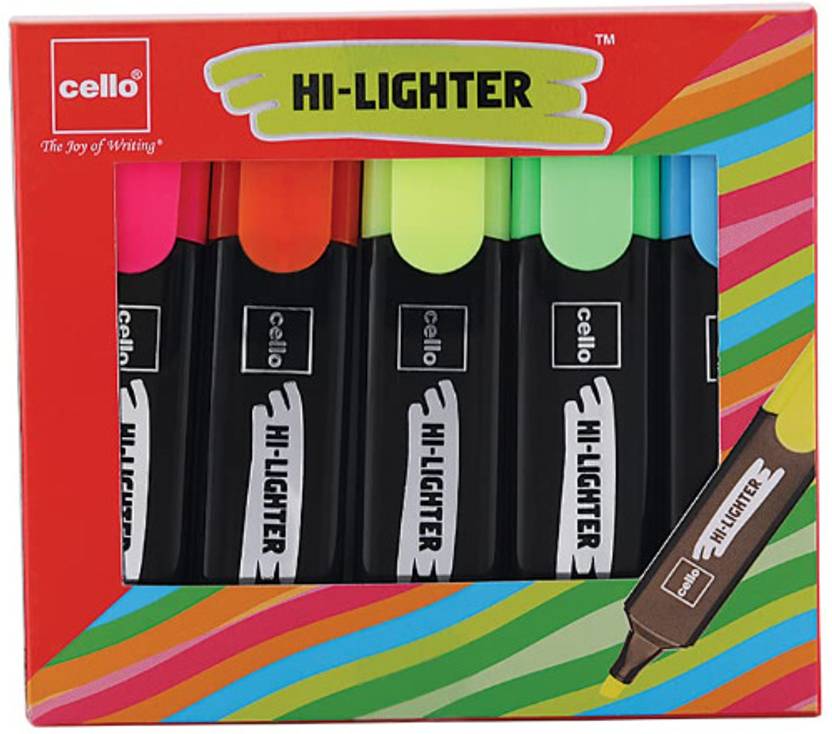 Cello CELL O HIGHLIGHTER SET OF 5 (Set of 5, Pink, Yellow, Orange, Green, Blue)
